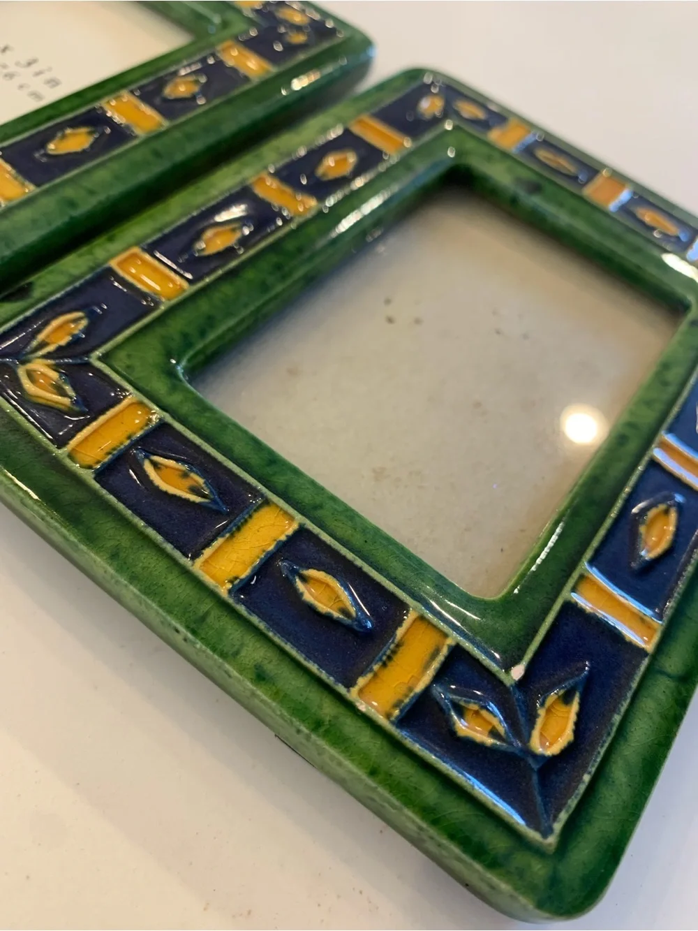 Pier 1 Ceramic Tile Frames 2” x 3” Set Of 2, Green, Blue Diamond Pattern flaw.